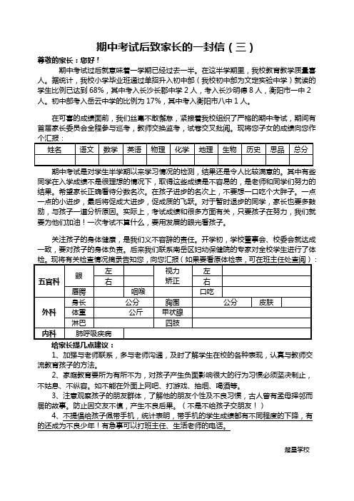 期中考试后致家长的一封信