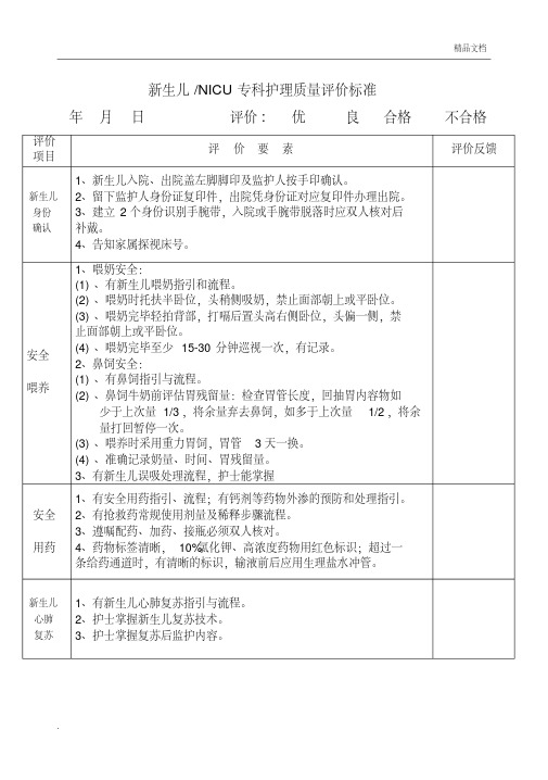 新生儿NICU专科护理质量目标评价标准