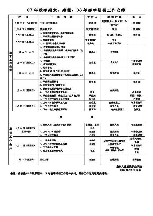 07年秋季期末、寒假、08年春季期初工作安排