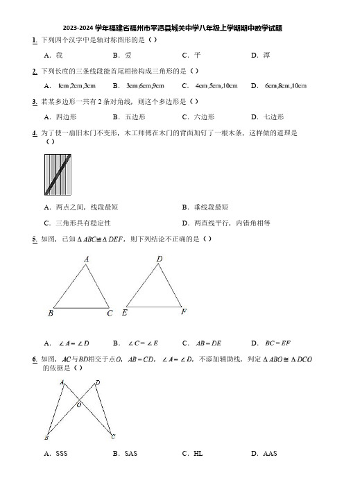 2023-2024学年福建省福州市平潭县城关中学八年级上学期期中数学试题