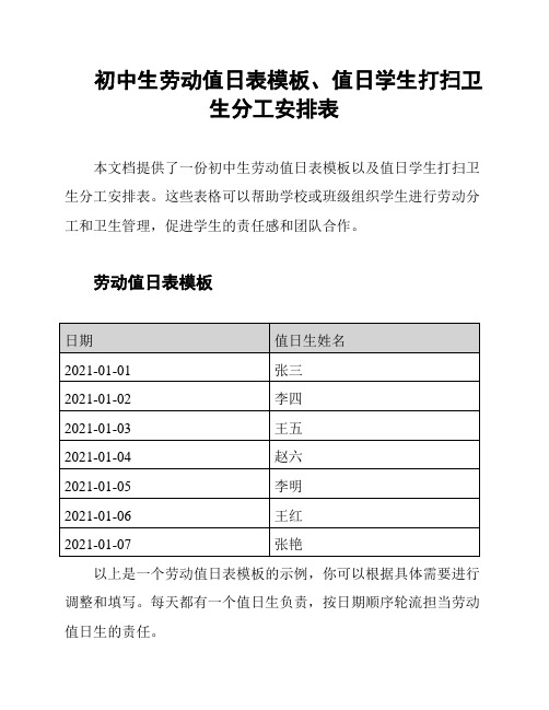 初中生劳动值日表模板、值日学生打扫卫生分工安排表