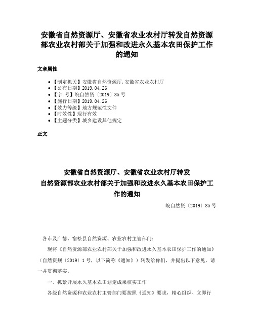 安徽省自然资源厅、安徽省农业农村厅转发自然资源部农业农村部关于加强和改进永久基本农田保护工作的通知