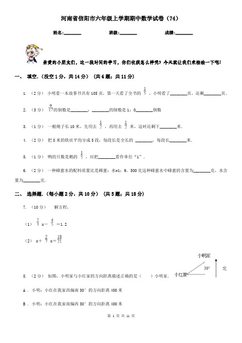 河南省信阳市六年级上学期期中数学试卷(74)