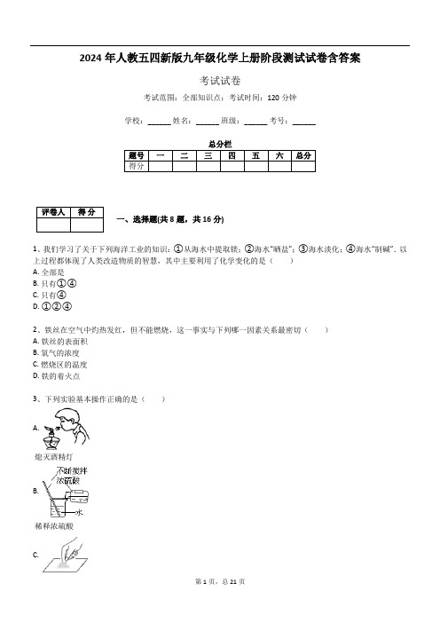 2024年人教五四新版九年级化学上册阶段测试试卷含答案