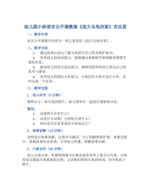 幼儿园小班语言公开课教案《送大乌龟回家》含反思