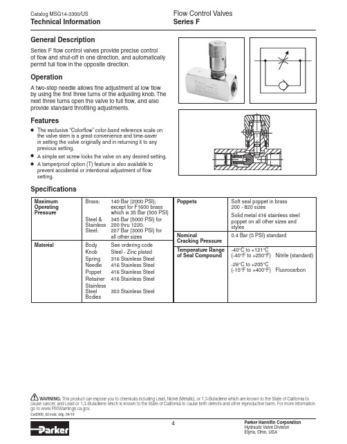 Parker Hannifin 流控制阀门系列F的技术信息说明书