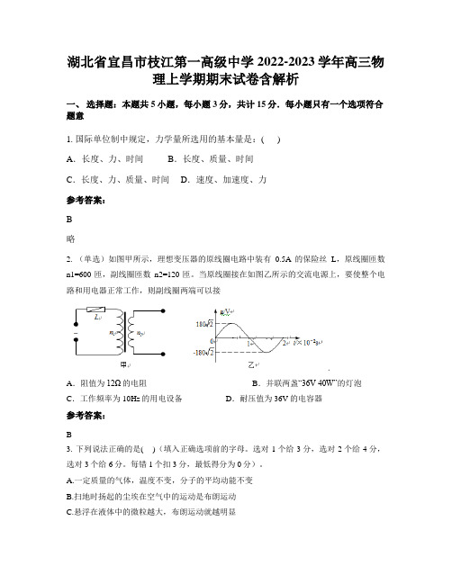 湖北省宜昌市枝江第一高级中学2022-2023学年高三物理上学期期末试卷含解析