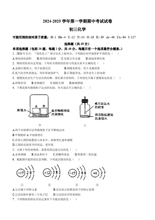 江苏省苏州市立达中学2024-2025学年九年级上学期期中化学考试卷(含答案)