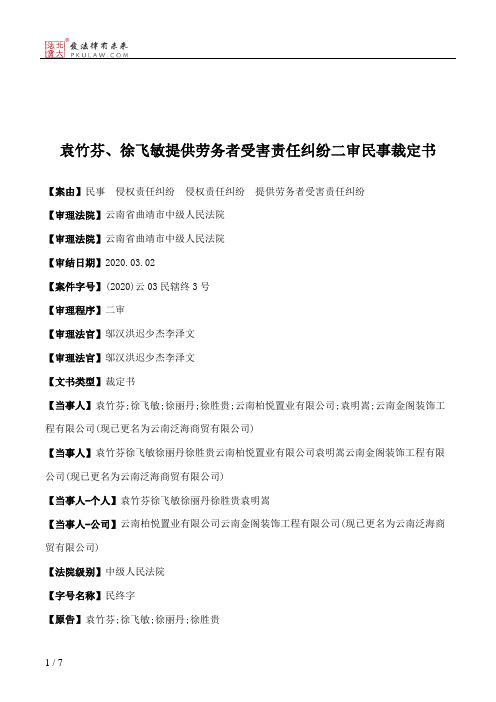 袁竹芬、徐飞敏提供劳务者受害责任纠纷二审民事裁定书