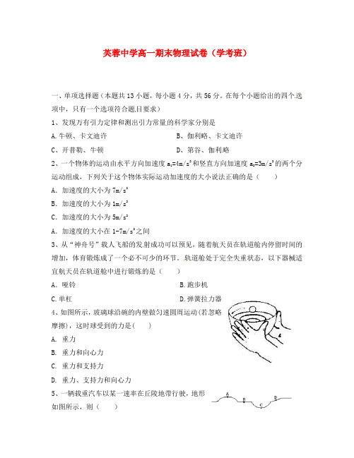 浙江省乐清市芙蓉中学2020学年高一物理下学期期末考试试题(学考班)(无答案)