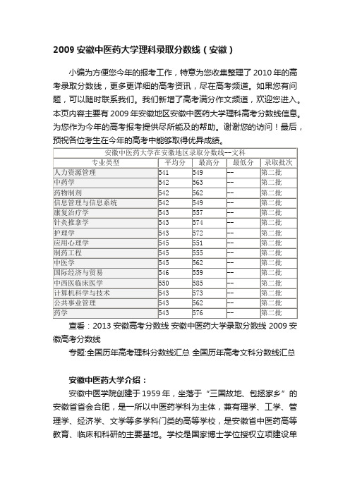 2009安徽中医药大学理科录取分数线（安徽）