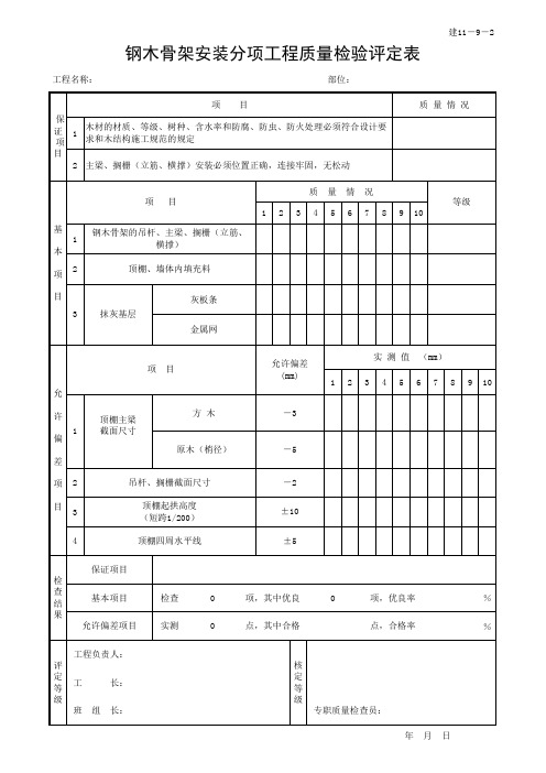 钢木骨架安装分项工程质量检验评定表