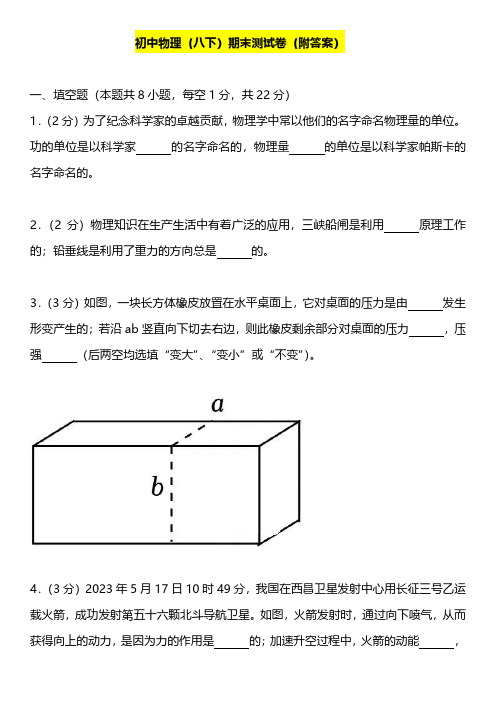 初中物理八年级下册期末测试卷(附答案)