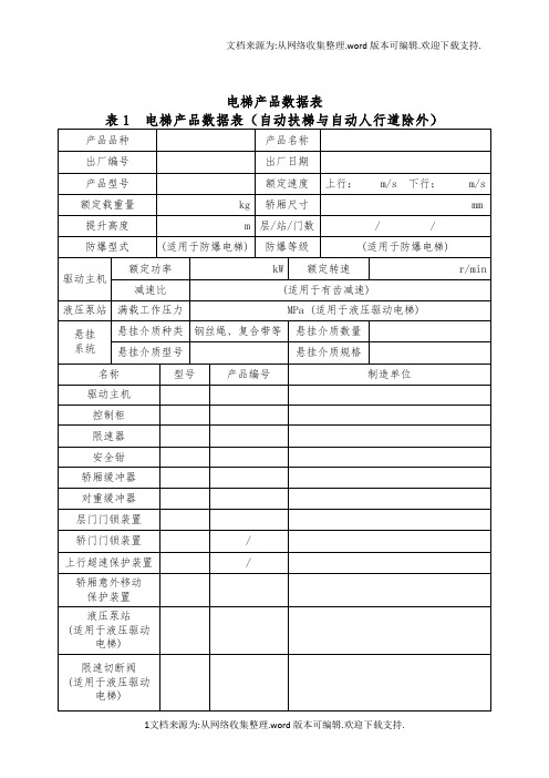 电梯产品数据表