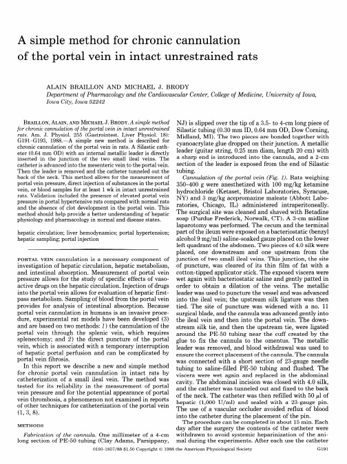 大鼠门静脉插管simple method for chronic cannulation of the portal vein in intact unrestrained rats