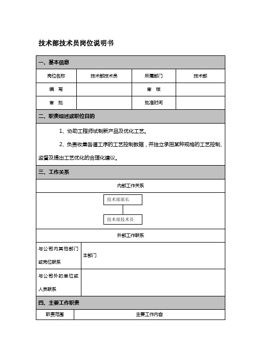 技术部技术员岗位说明书