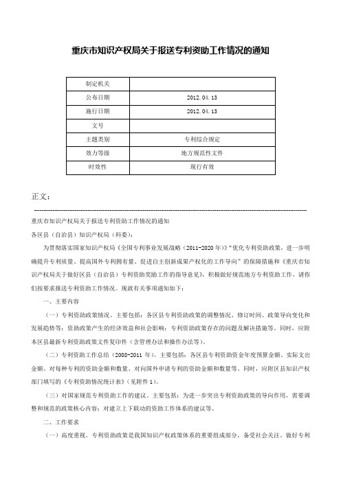 重庆市知识产权局关于报送专利资助工作情况的通知-_1