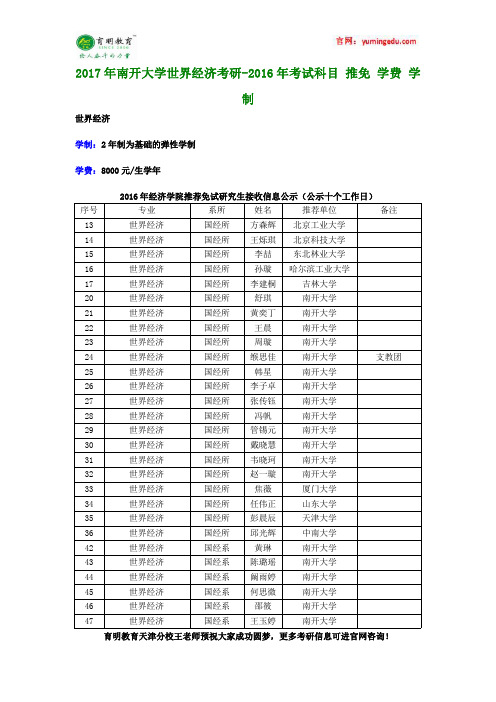 2017年南开大学世界经济考研-2016年考试科目 推免 学费 学制