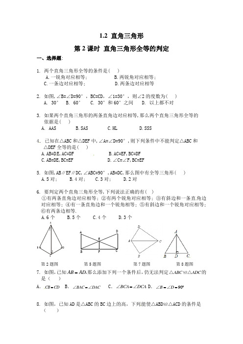 北师大版八年级数学下册直角三角形全等的判定同步练习题