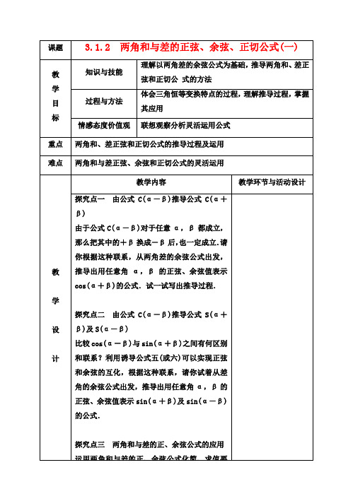 高中数学3.1.2两角和与差的正弦、余弦、正切公式(一)教案新人教A版必修4