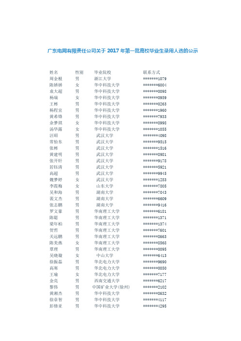 广东电网有限责任公司关于2017年第一批高校毕业生录用人选的公示【模板】