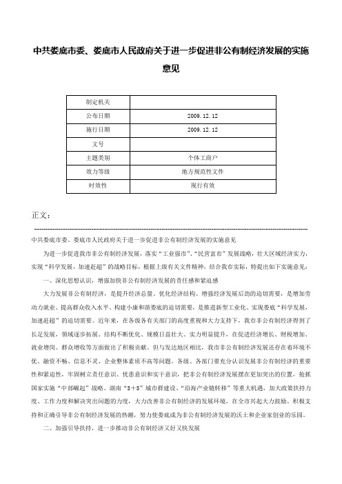 中共娄底市委、娄底市人民政府关于进一步促进非公有制经济发展的实施意见-