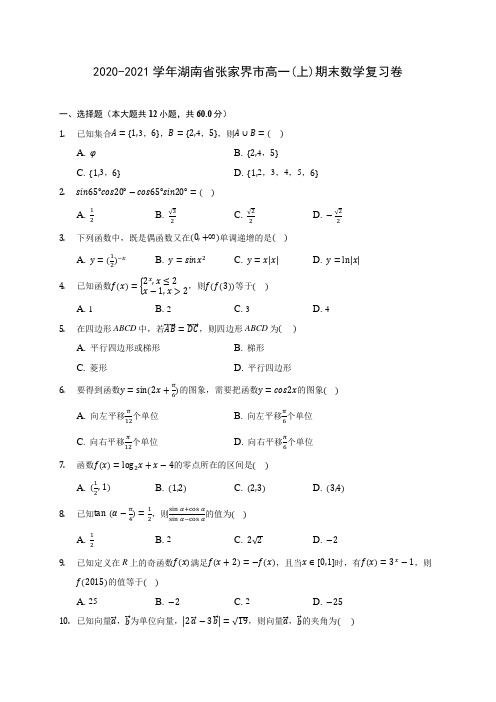 2020-2021学年湖南省张家界市高一(上)期末数学复习卷 (解析版)