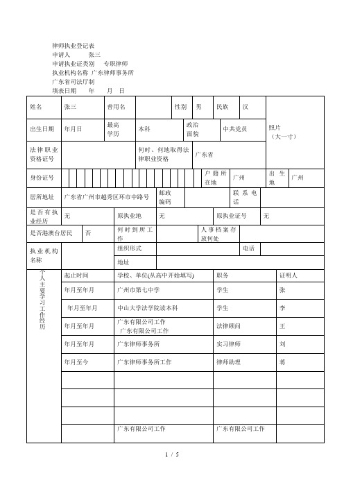 律师执业登记表