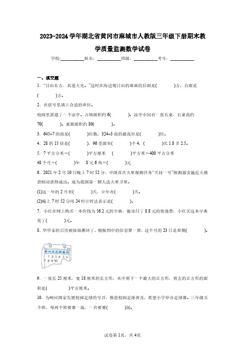 2023-2024学年湖北省黄冈市麻城市人教版三年级下册期末教学质量监测数学试卷(含答案解析)