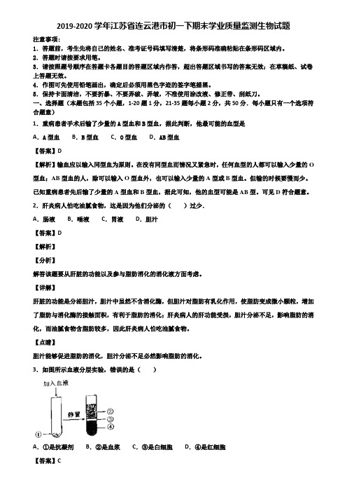 2019-2020学年江苏省连云港市初一下期末学业质量监测生物试题含解析