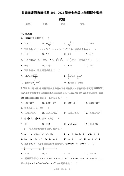 甘肃省定西市临洮县2021-2022学年七年级上学期期中数学试题(含答案解析)