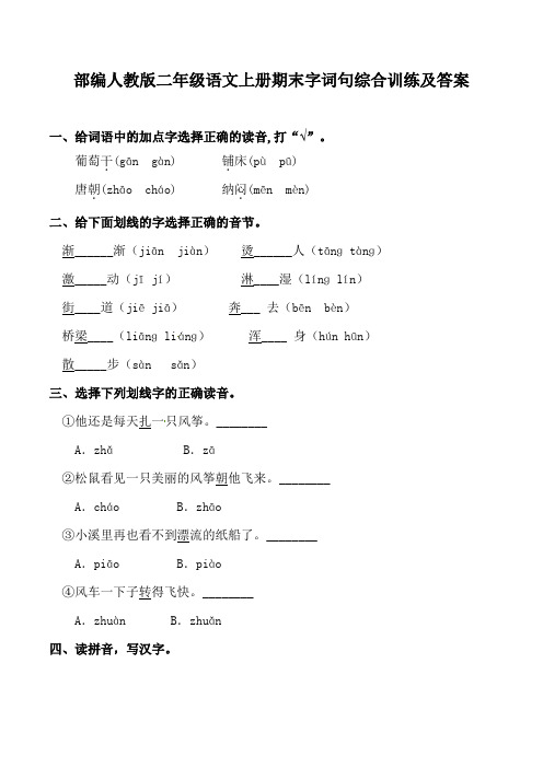 部编人教版二年级语文上册期末字词句综合训练及答案