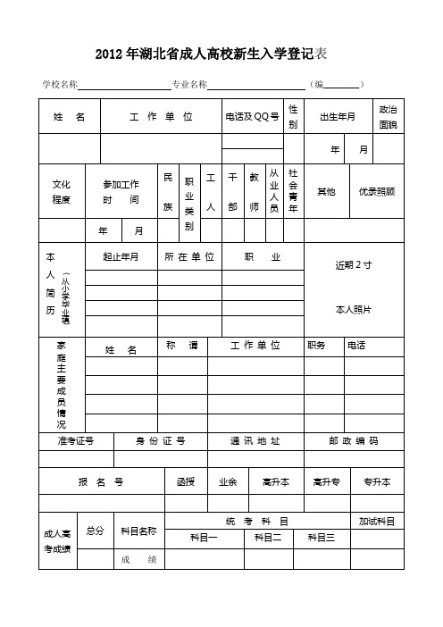 2012高校新生入学登记表(电子版)