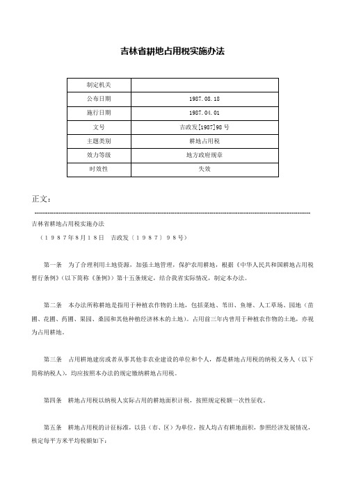 吉林省耕地占用税实施办法-吉政发[1987]98号