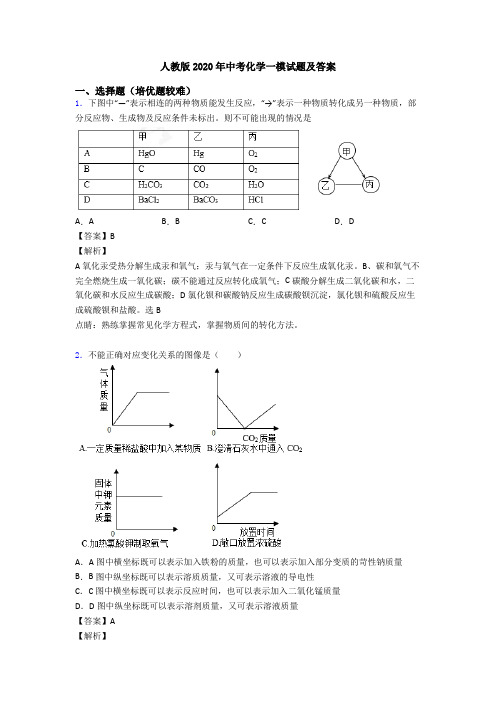 人教版2020年中考化学一模试题及答案