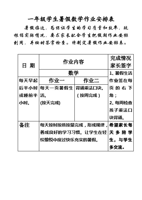 数学一年级学生暑假作业安排表