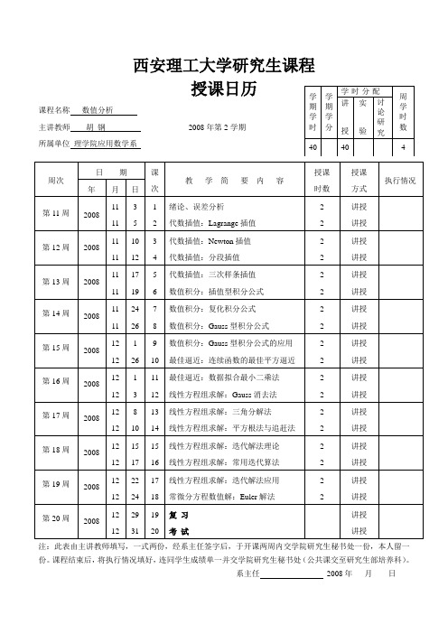 数值分析授课日历-08秋