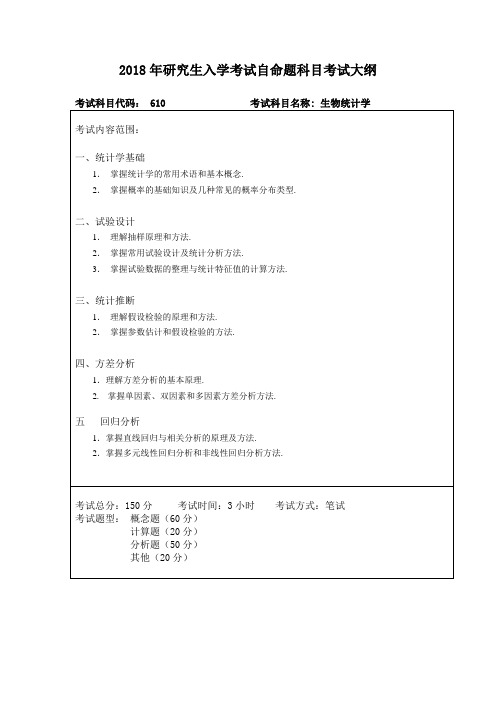 2018年研究生入学考试自命题科目考试大纲-610生物统计学、611无机及分析化学(不含仪器分析)