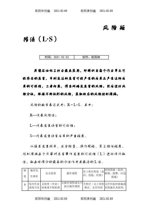 安全风险评价风险矩阵法(L·S)、LEC法之欧阳体创编