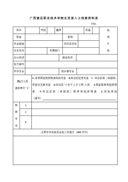 广西建设职业技术学院无党派人士档案资料表【模板】