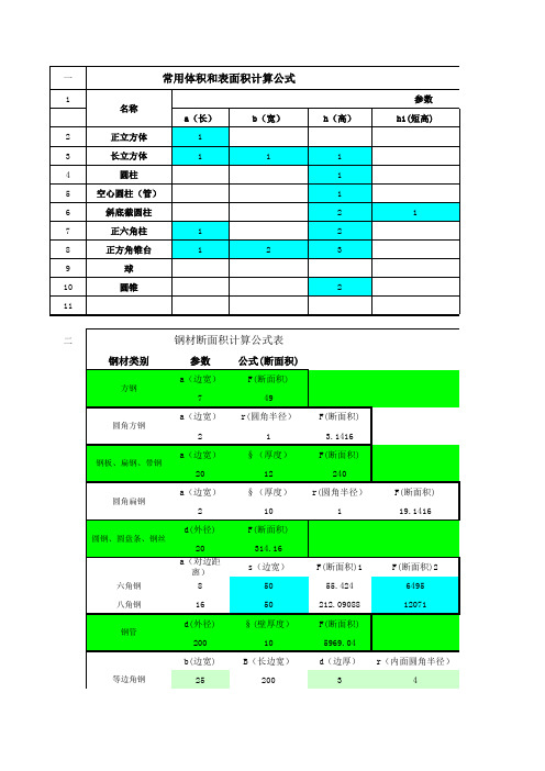 常用体积和表面积计算公式