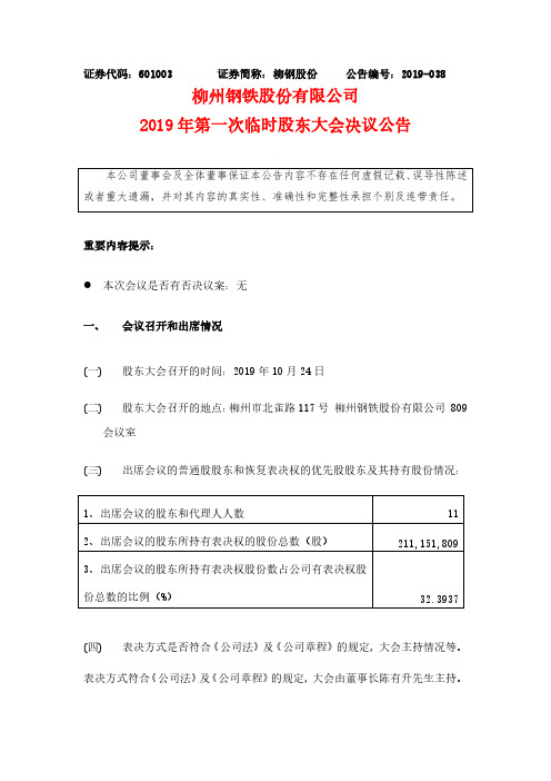 柳钢股份：2019年第一次临时股东大会决议公告