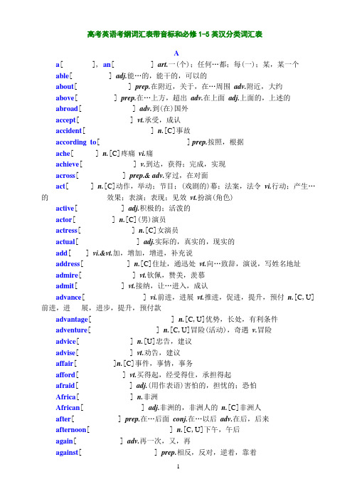 高考英语考纲词汇表带音标和必修1-5英汉分类词汇表