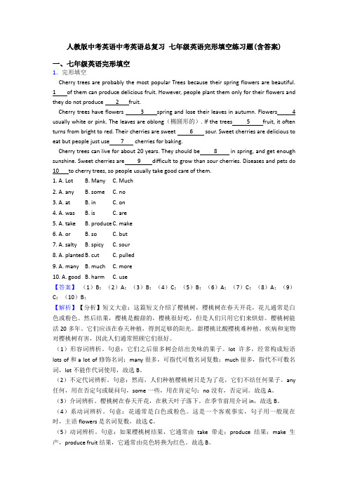 人教版中考英语中考英语总复习 七年级英语完形填空练习题(含答案)