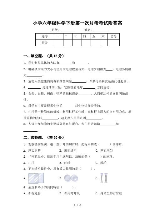 小学六年级科学下册第一次月考考试附答案