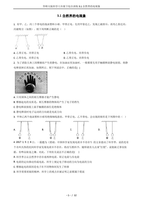 华师大版科学八年级下综合训练3.1自然界的电现象