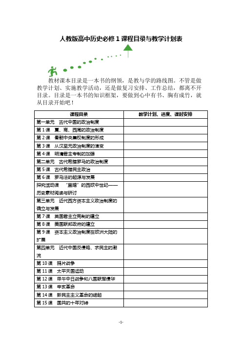 人教版高中历史必修1课程目录与教学计划表