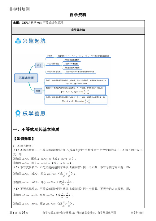 非学科数学学培训 不等式综合复习(资料附答案)