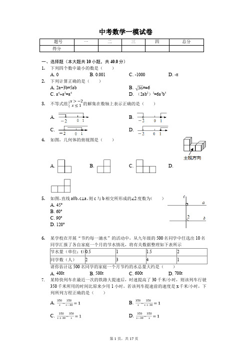 2020年湖南省益阳市资阳区中考数学一模试卷