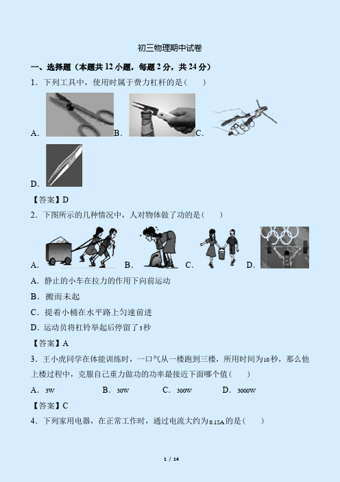 江苏苏州2018—2019学年九年级物理上学期期中模拟试卷及答案(三)